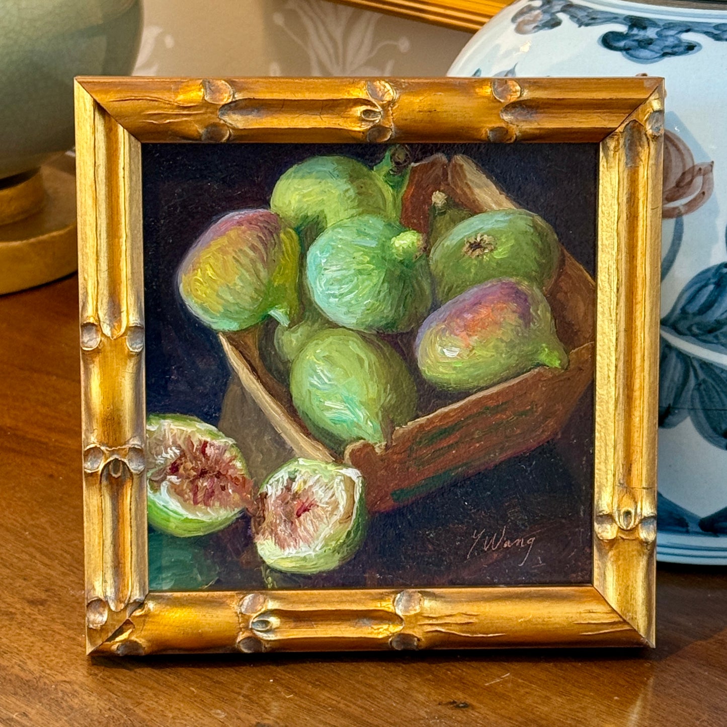 Youqing Wang Figs Still Life Oil Painting in Gold Bamboo Frame