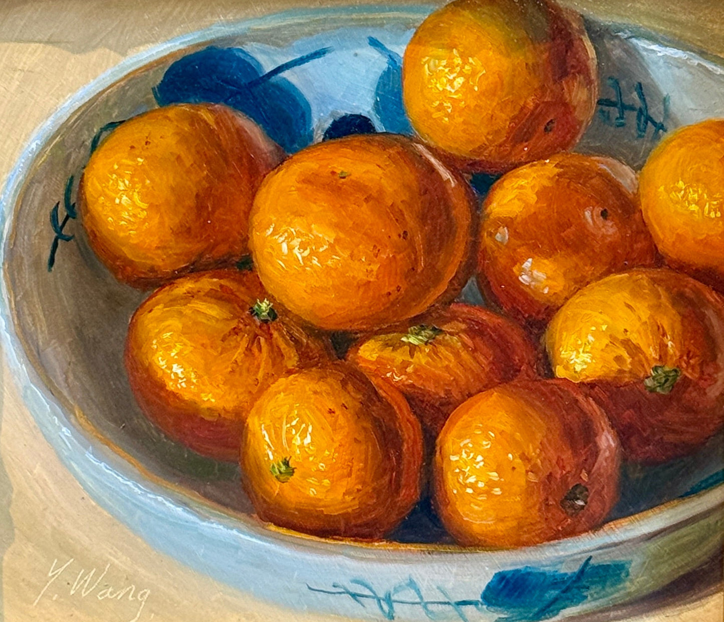 Youqing Wang Clementines in Blue and White Bowl Still Life Oil Painting in Gold Bamboo Frame