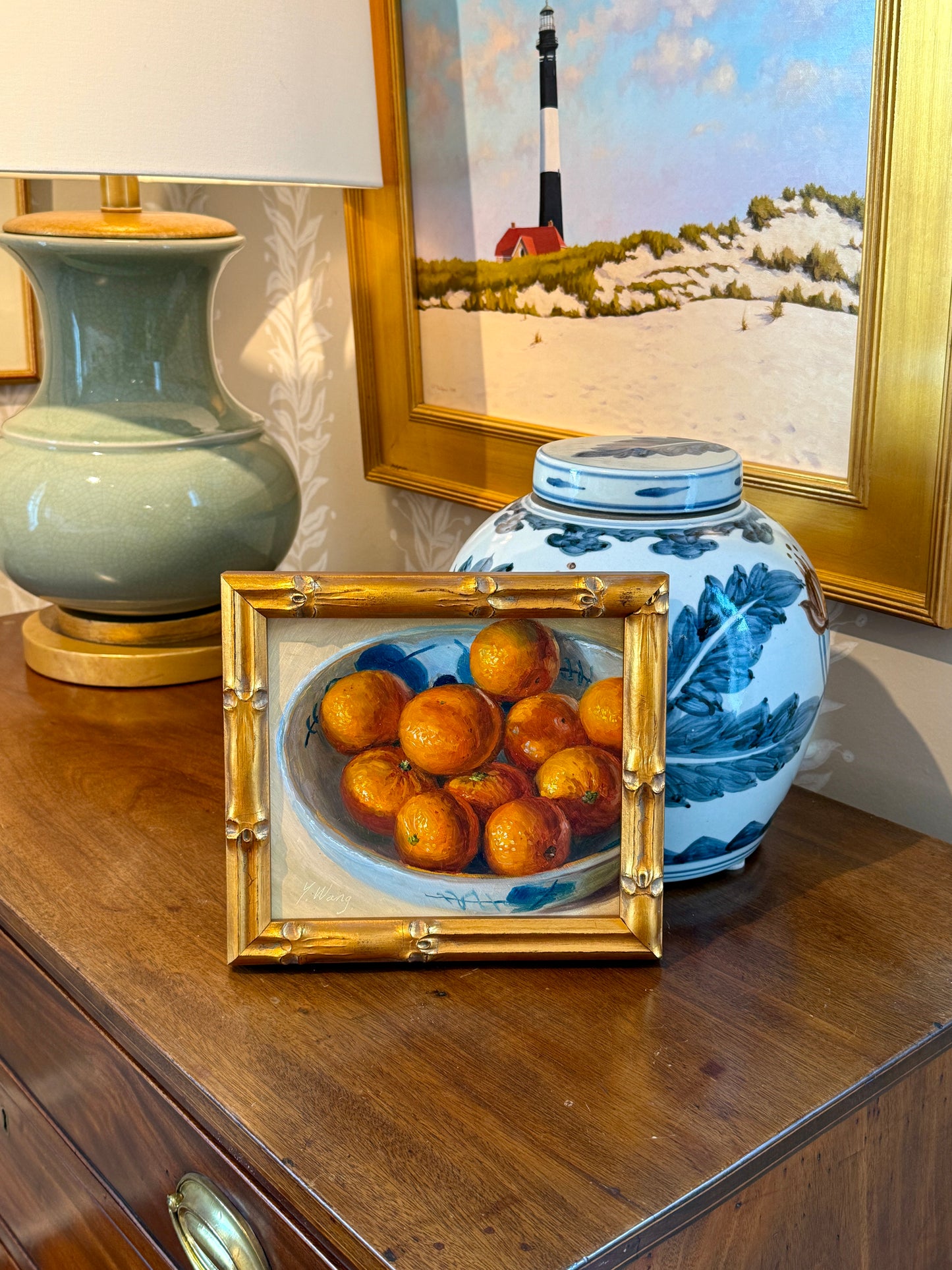 Youqing Wang Clementines in Blue and White Bowl Still Life Oil Painting in Gold Bamboo Frame