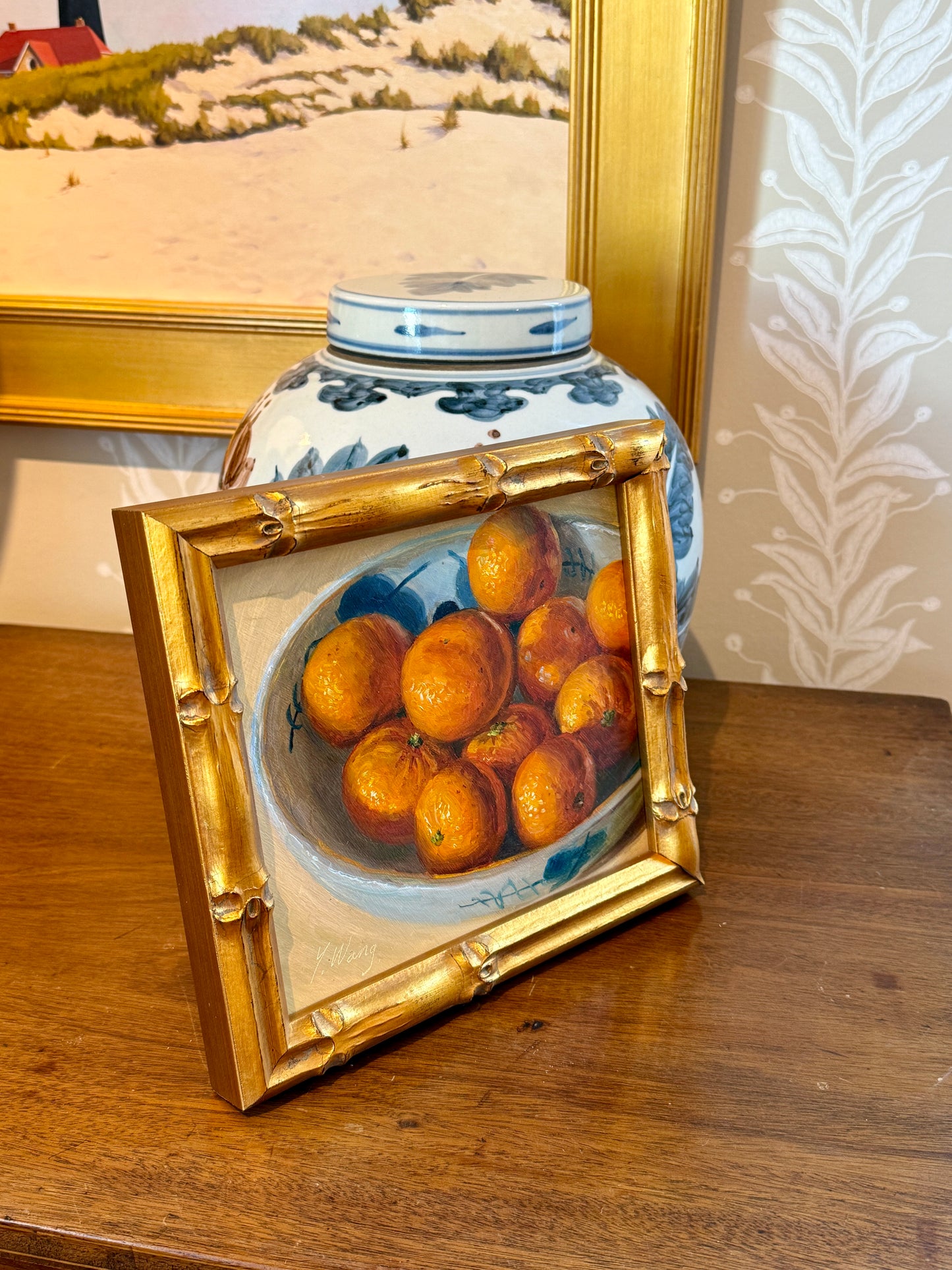 Youqing Wang Clementines in Blue and White Bowl Still Life Oil Painting in Gold Bamboo Frame