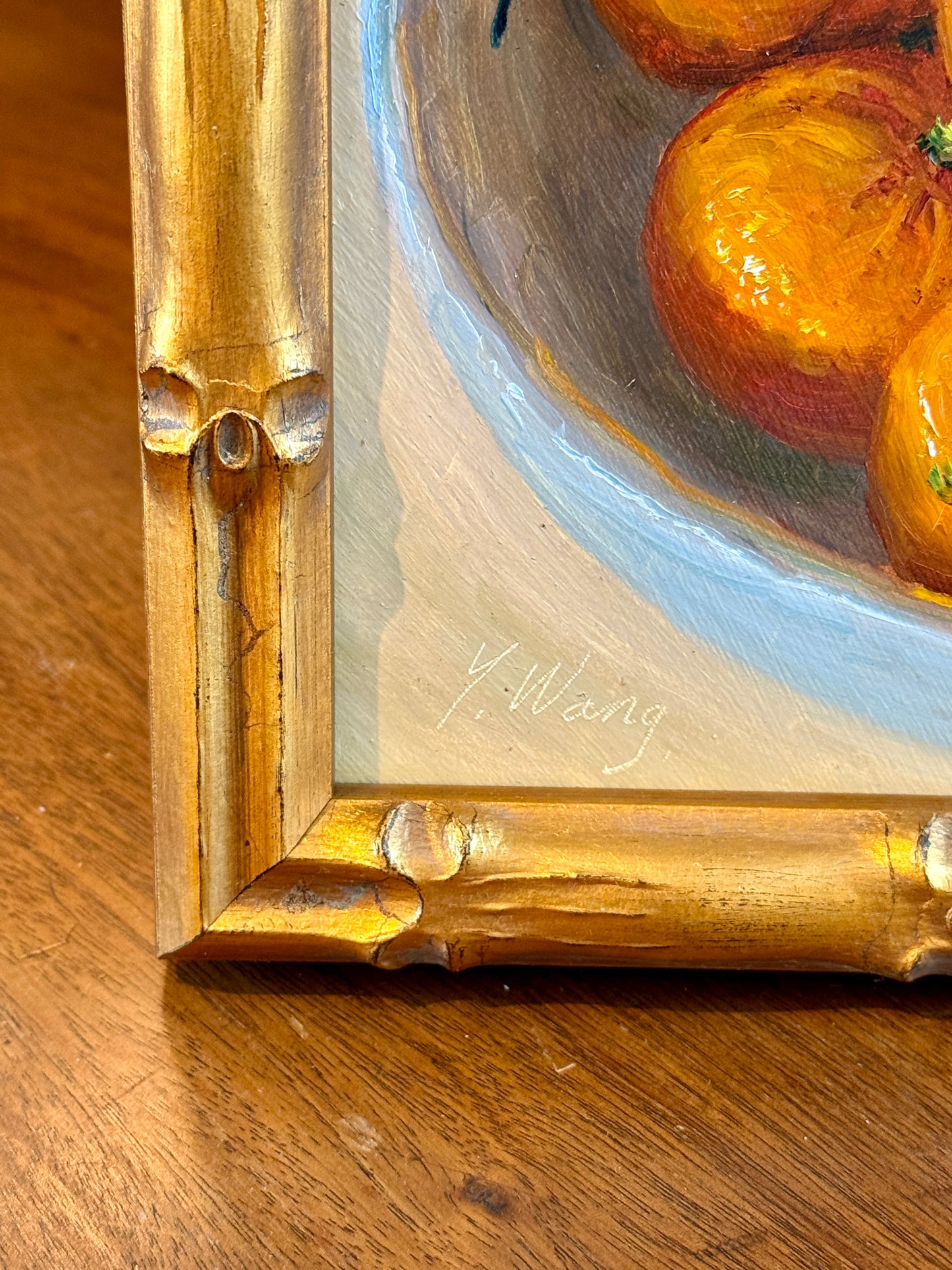 Youqing Wang Clementines in Blue and White Bowl Still Life Oil Painting in Gold Bamboo Frame