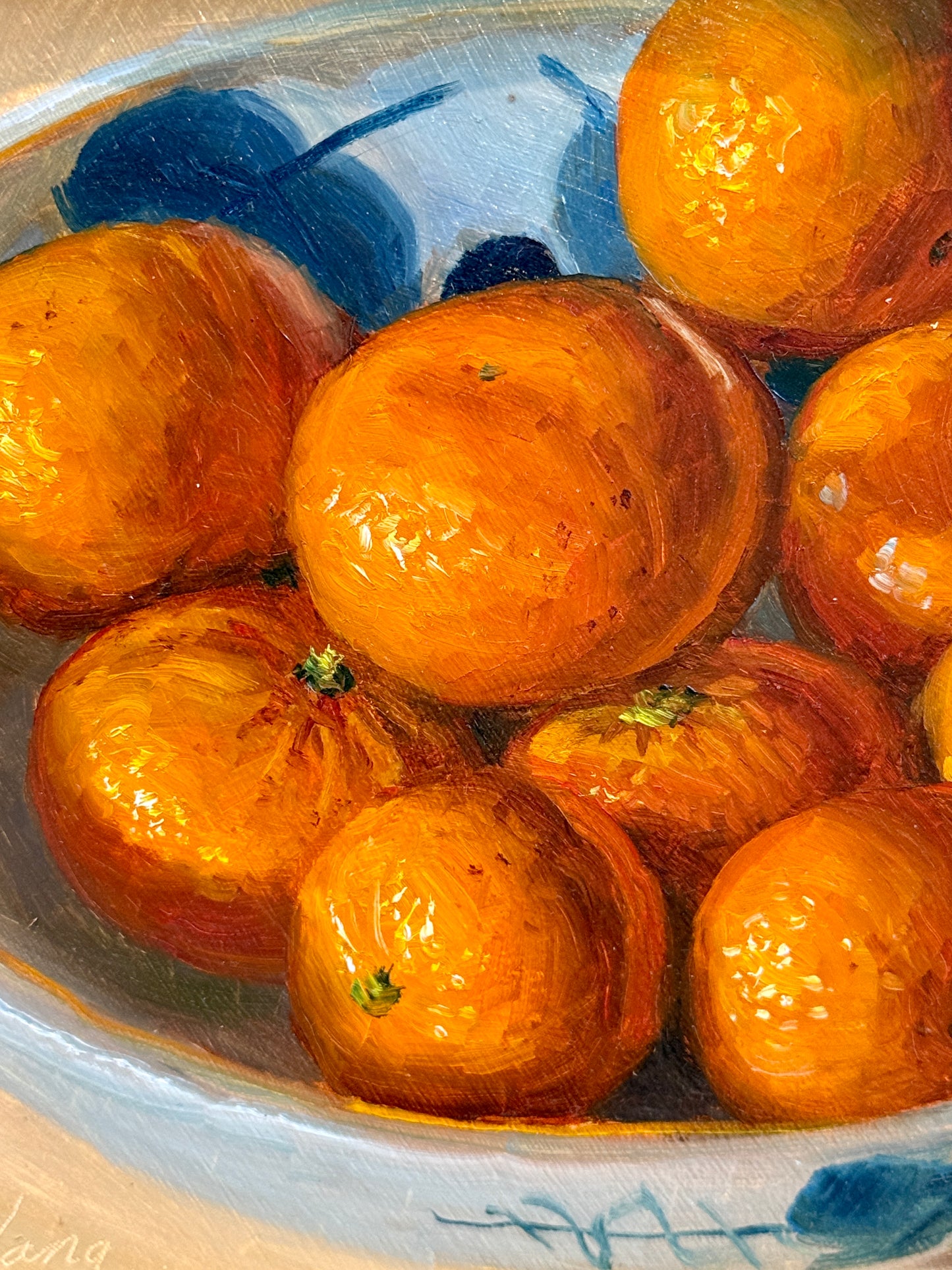 Youqing Wang Clementines in Blue and White Bowl Still Life Oil Painting in Gold Bamboo Frame