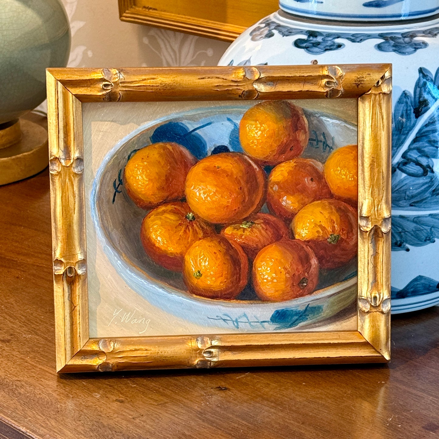 Youqing Wang Clementines in Blue and White Bowl Still Life Oil Painting in Gold Bamboo Frame