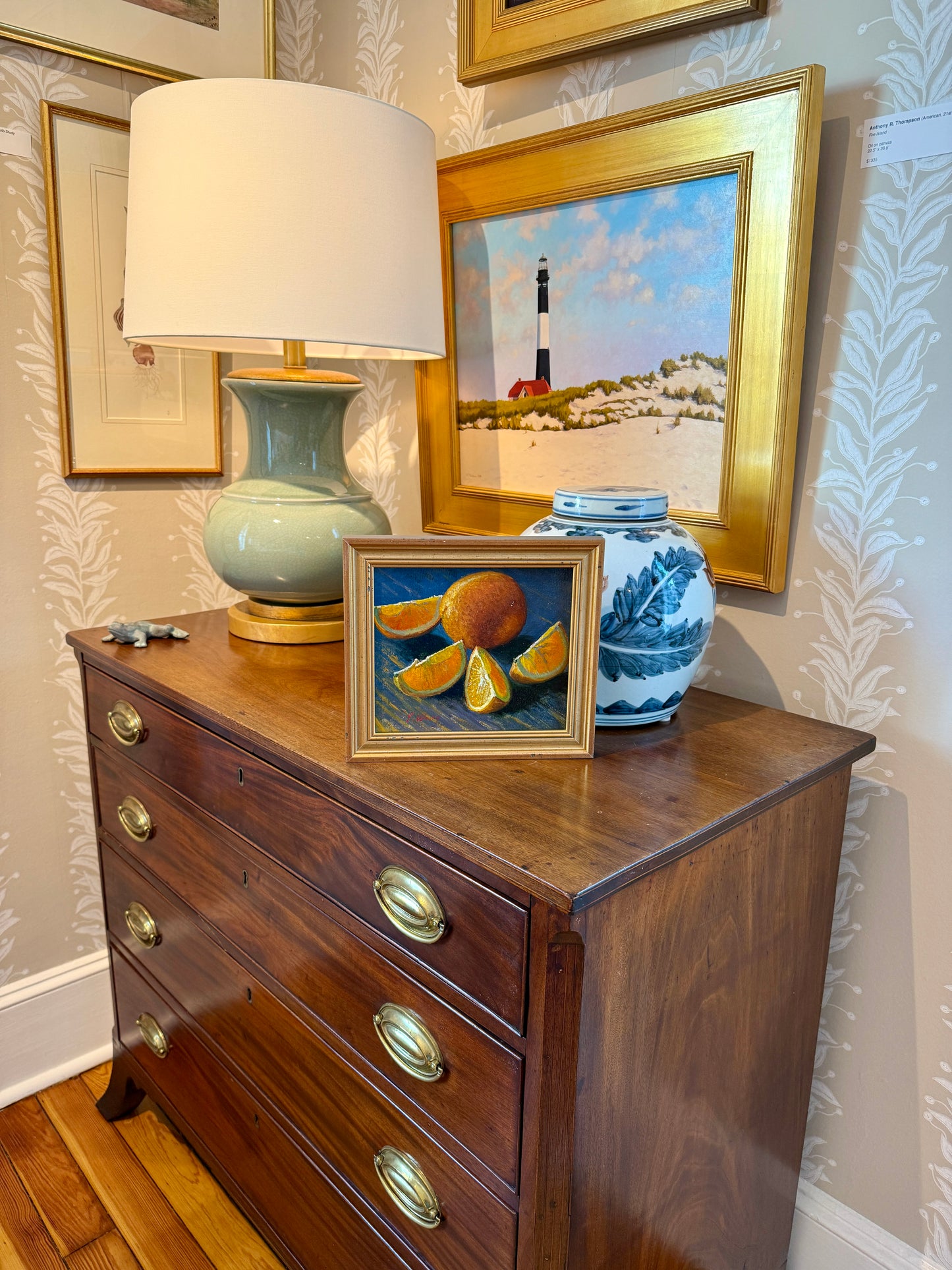 Youqing Wang Sliced Oranges on Blue Painted Table Still Life Oil Painting in Gold Frame