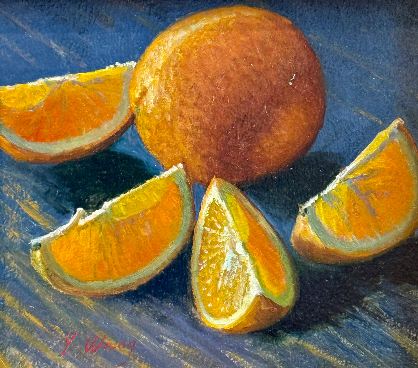 Youqing Wang Sliced Oranges on Blue Painted Table Still Life Oil Painting in Gold Frame