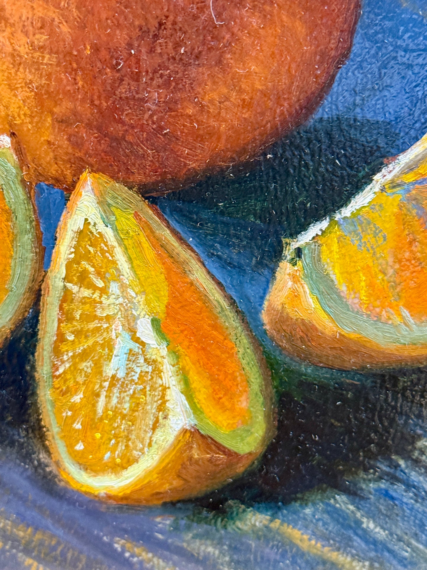 Youqing Wang Sliced Oranges on Blue Painted Table Still Life Oil Painting in Gold Frame