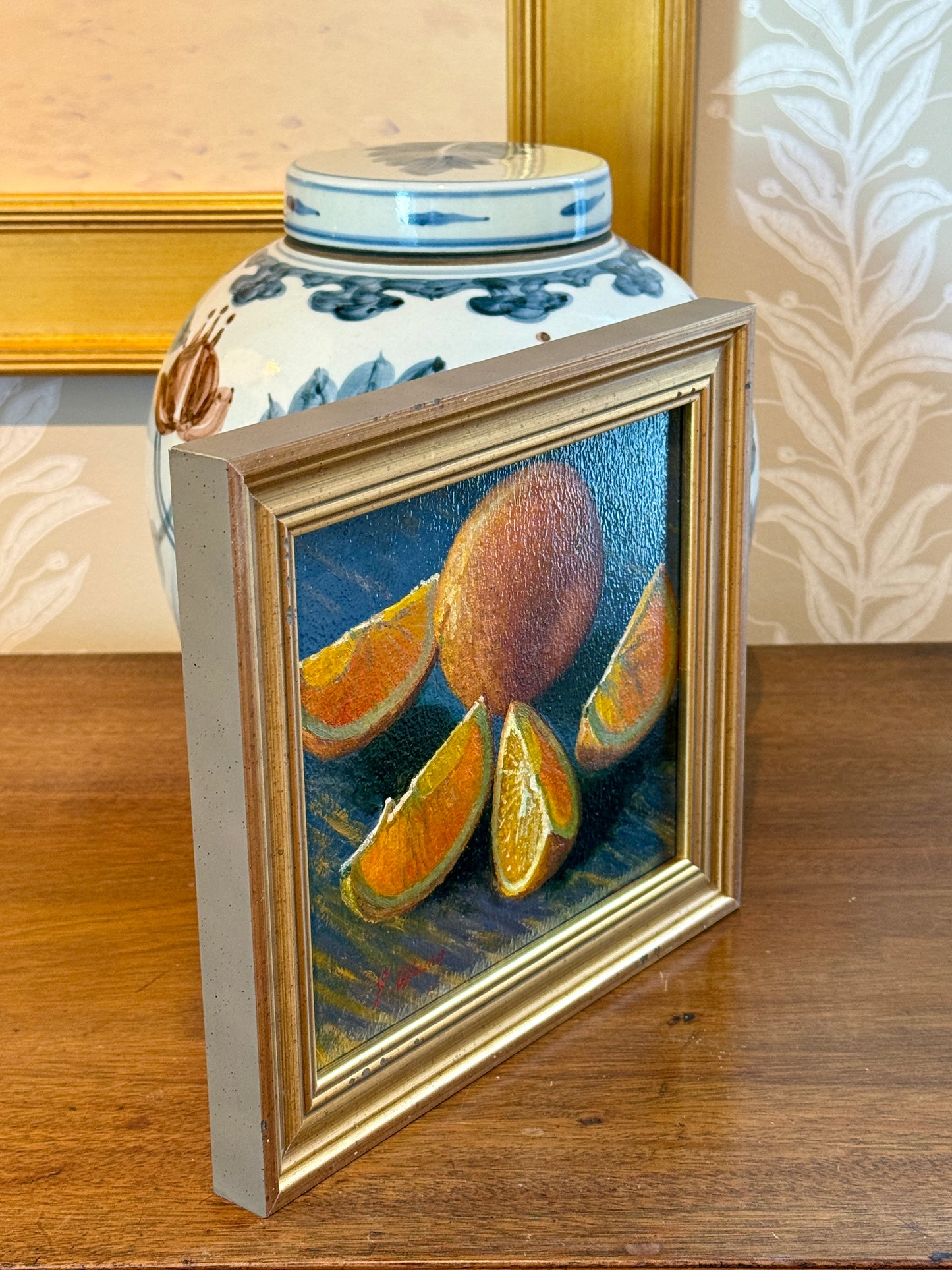 Youqing Wang Sliced Oranges on Blue Painted Table Still Life Oil Painting in Gold Frame