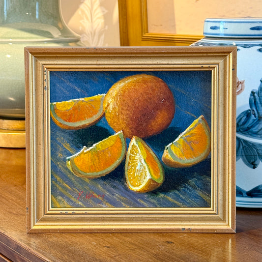Youqing Wang Sliced Oranges on Blue Painted Table Still Life Oil Painting in Gold Frame