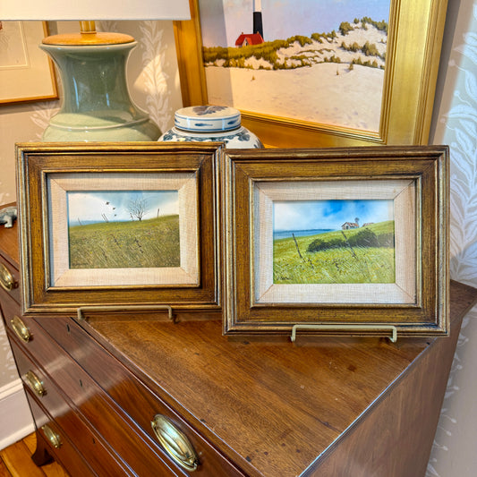 Set of Two Vintage George Boutwell Watercolor and Pastel Country Landscapes in Dark Gilded Frames