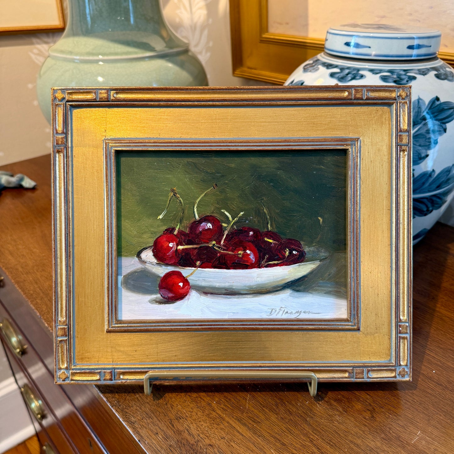 Diane Flanagan Cherries Still Life Oil Painting in Gold Frame