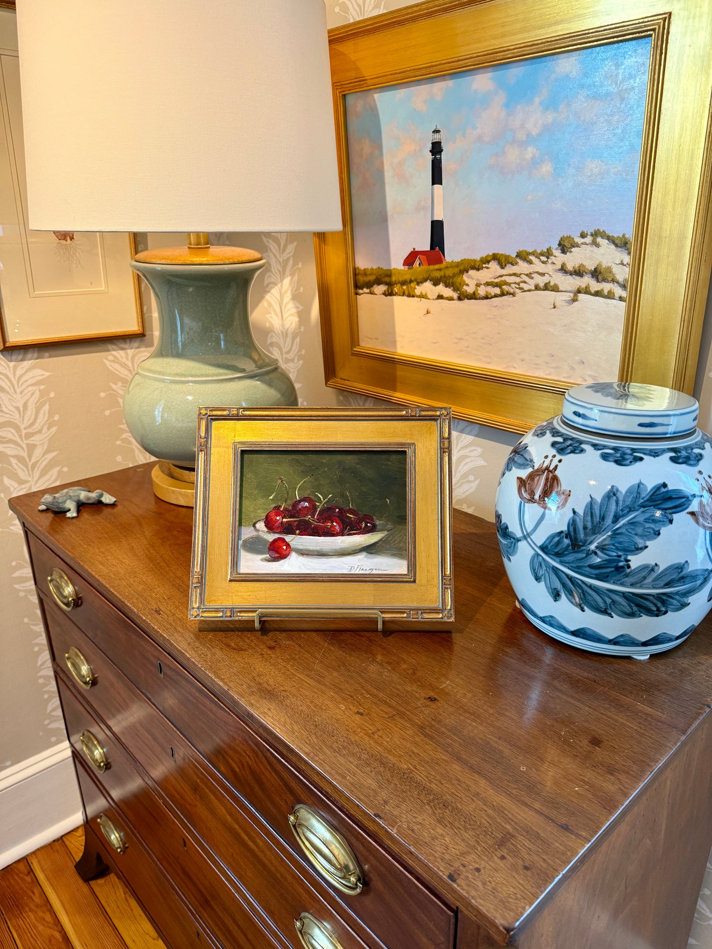 Diane Flanagan Cherries Still Life Oil Painting in Gold Frame