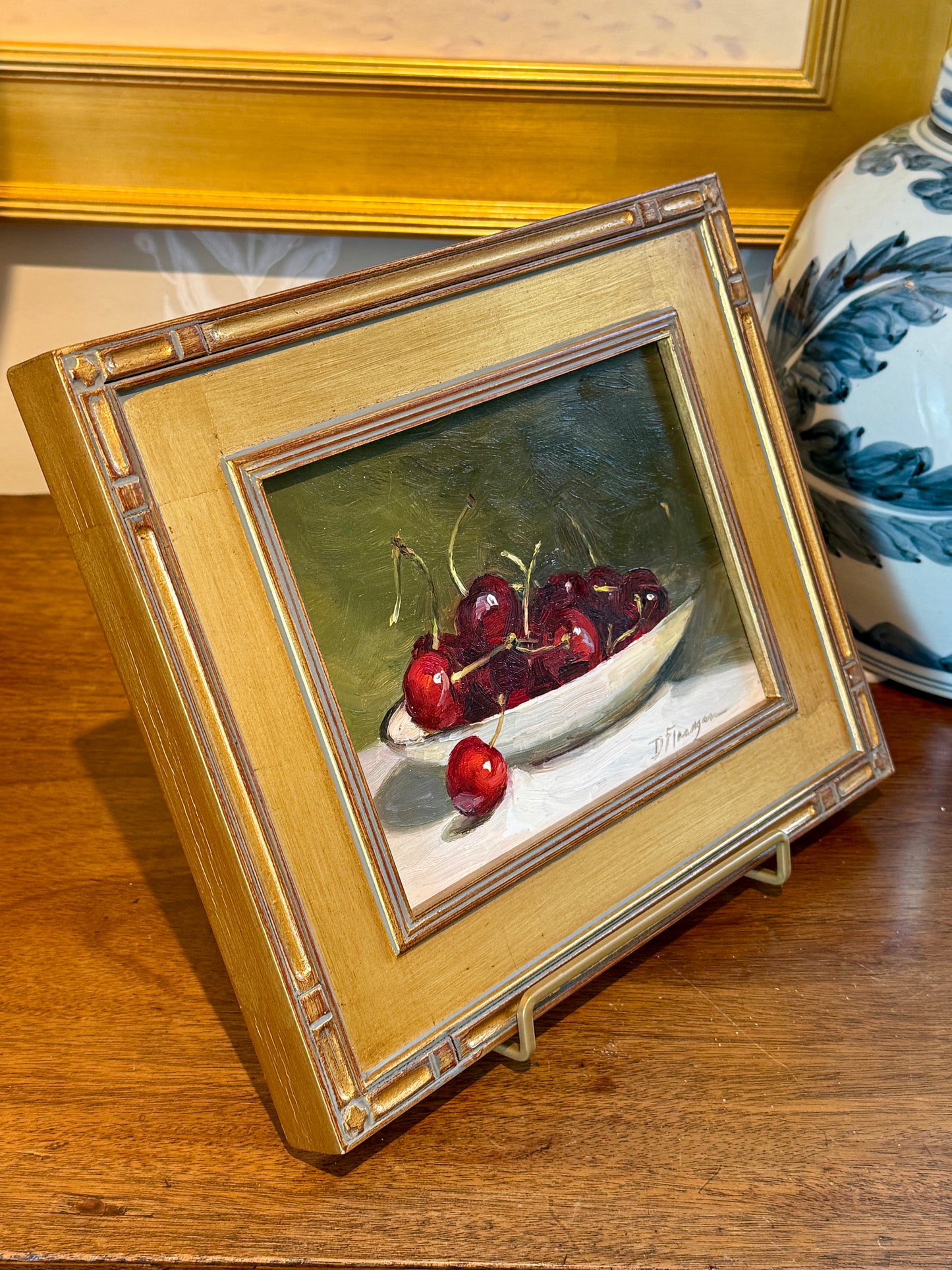 Diane Flanagan Cherries Still Life Oil Painting in Gold Frame