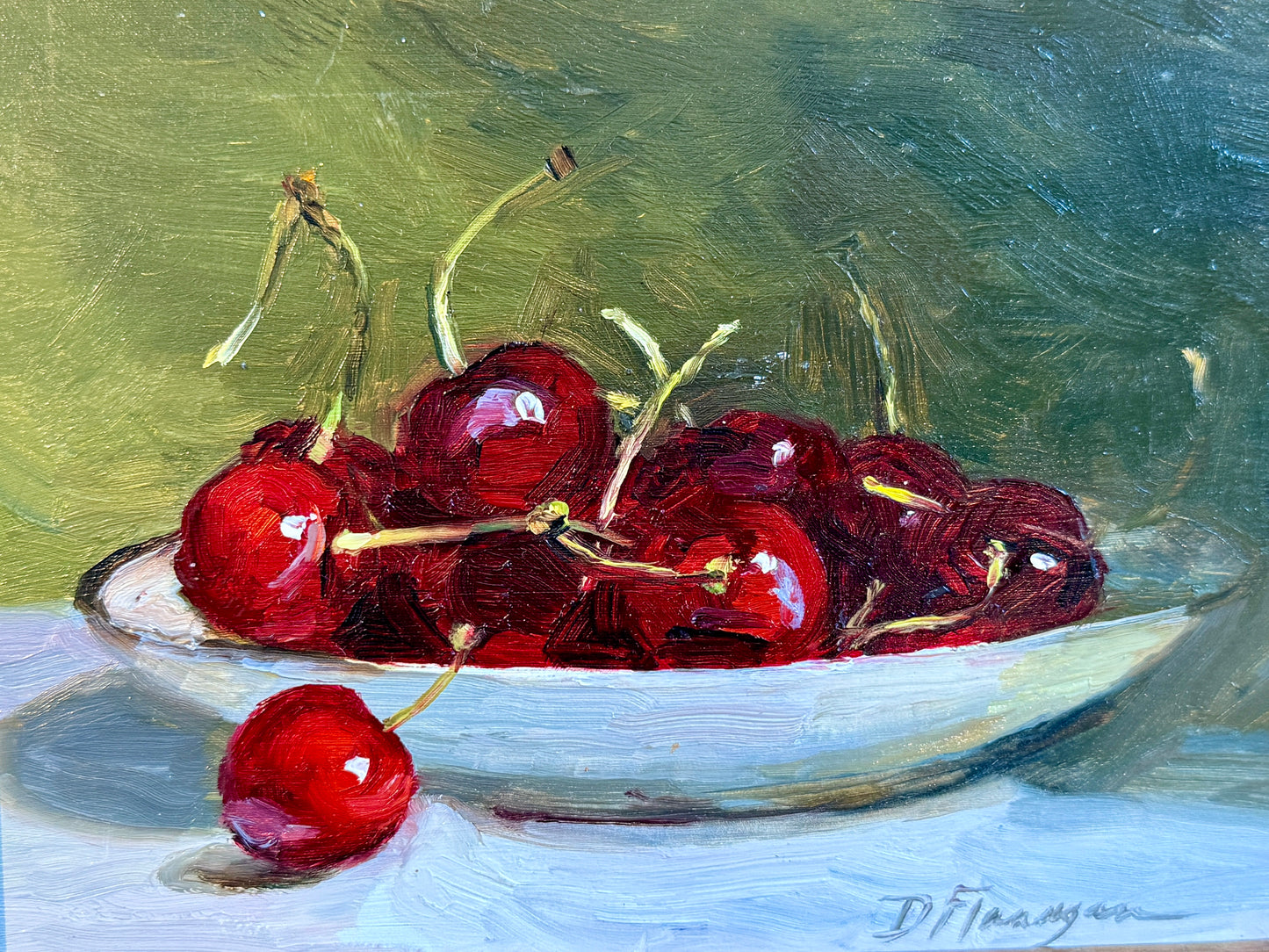 Diane Flanagan Cherries Still Life Oil Painting in Gold Frame