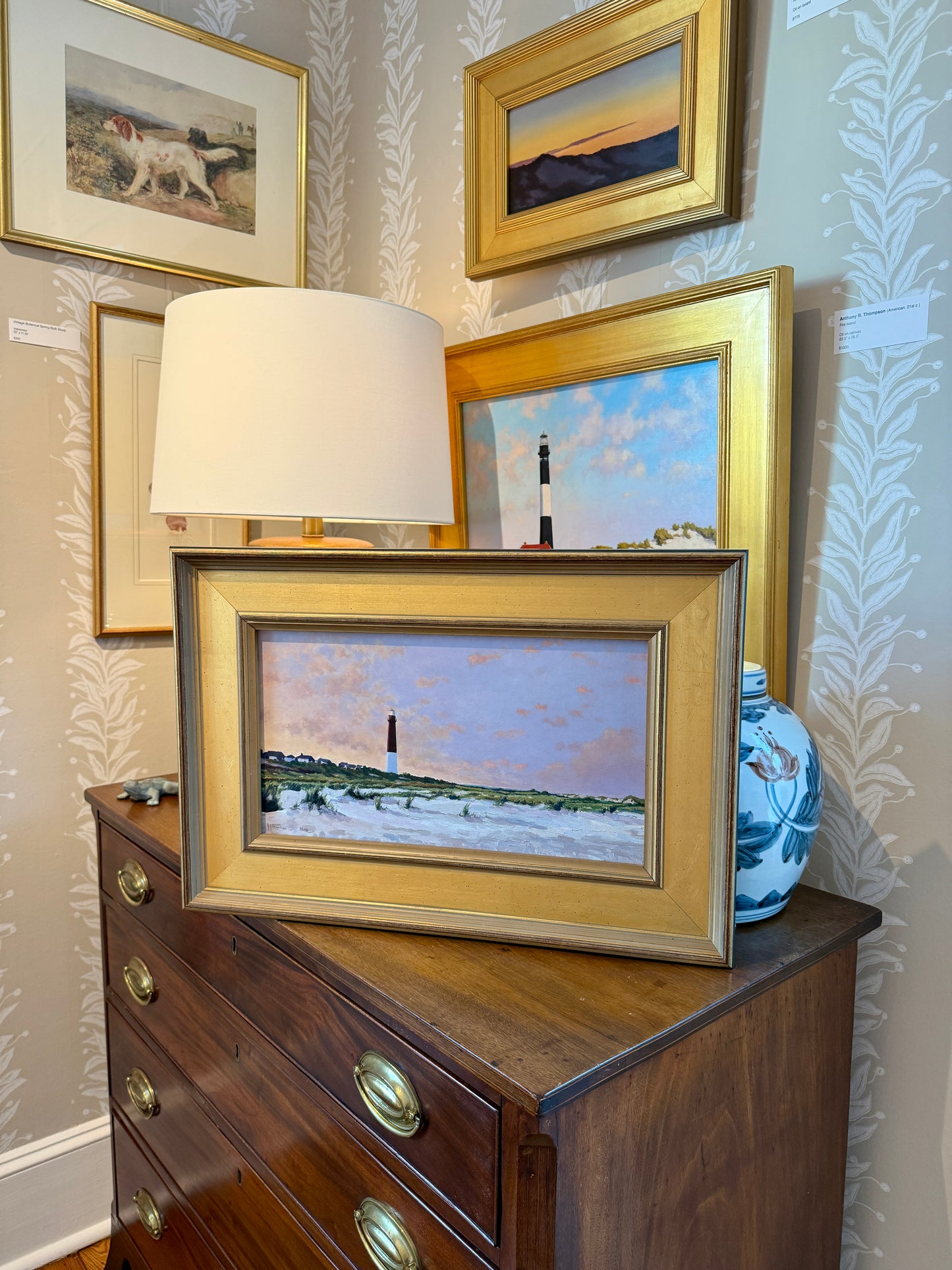 Anthony R. Thompson Barnegat from the Dunes at Sunset Long Beach Island NJ Coastal Lighthouse Landscape Oil Painting in Gold Frame