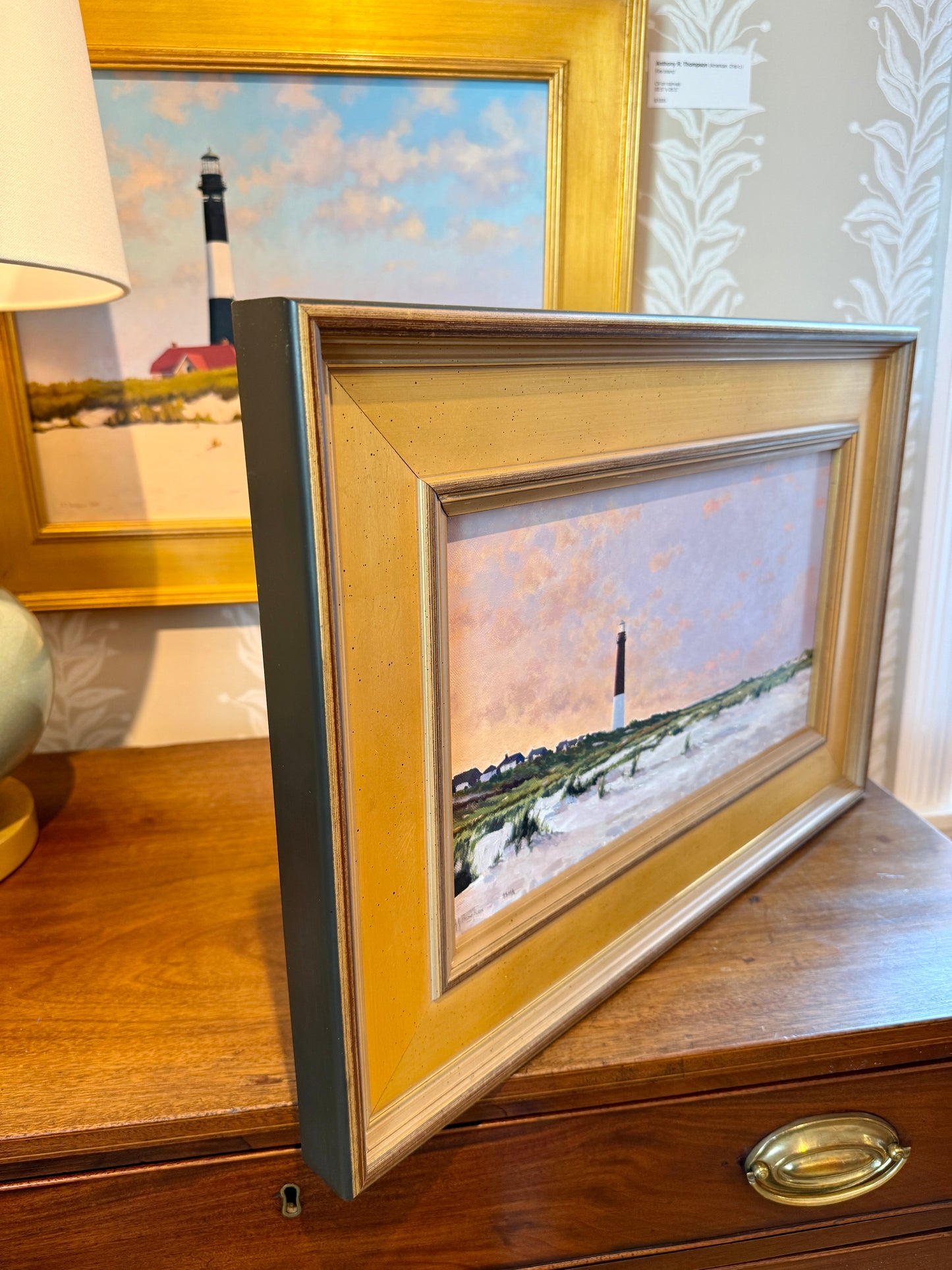 Anthony R. Thompson Barnegat from the Dunes at Sunset Long Beach Island NJ Coastal Lighthouse Landscape Oil Painting in Gold Frame