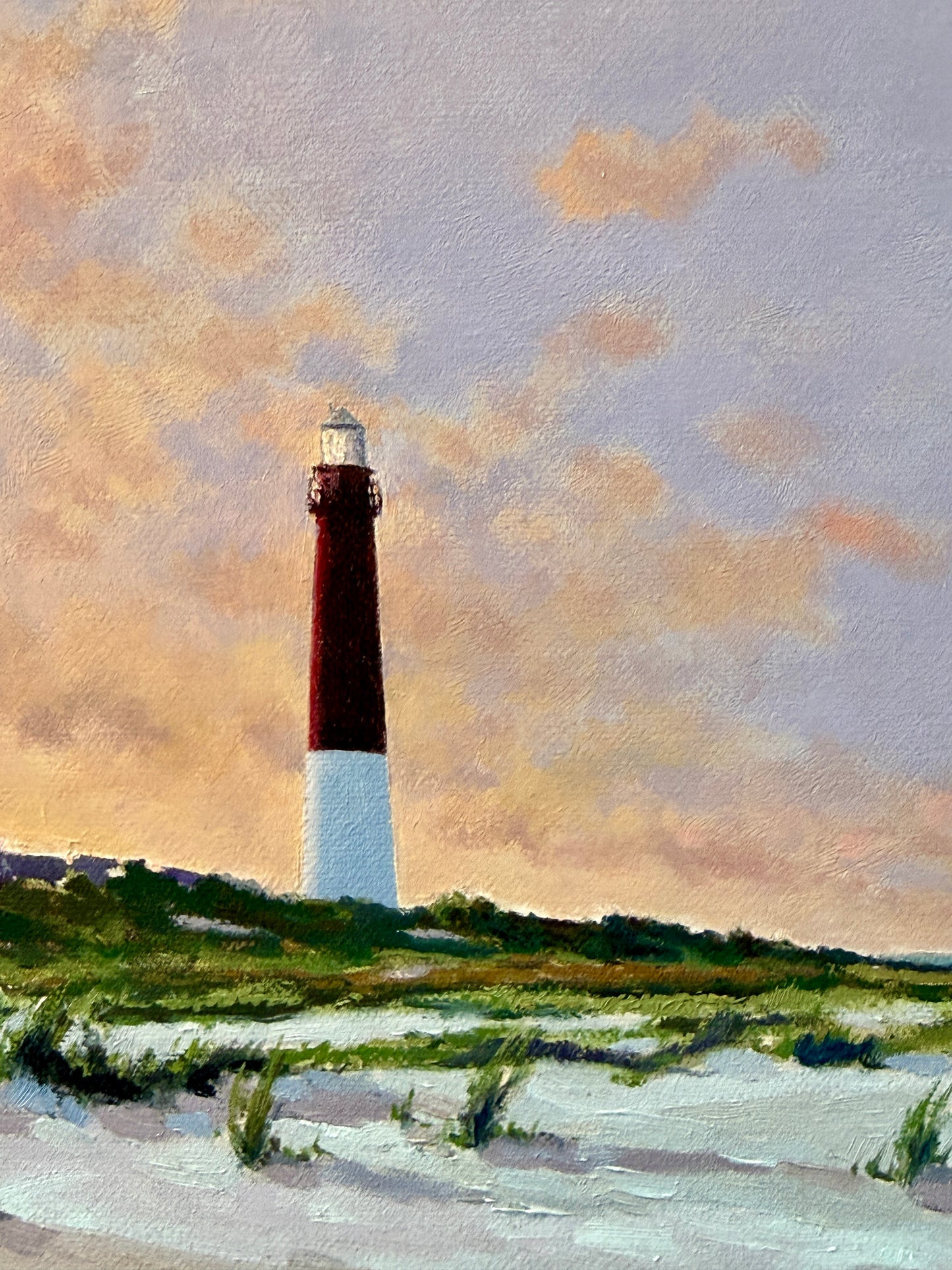 Anthony R. Thompson Barnegat from the Dunes at Sunset Long Beach Island NJ Coastal Lighthouse Landscape Oil Painting in Gold Frame