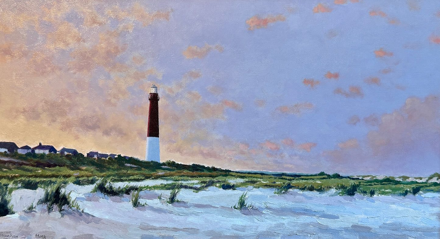 Anthony R. Thompson Barnegat from the Dunes at Sunset Long Beach Island NJ Coastal Lighthouse Landscape Oil Painting in Gold Frame