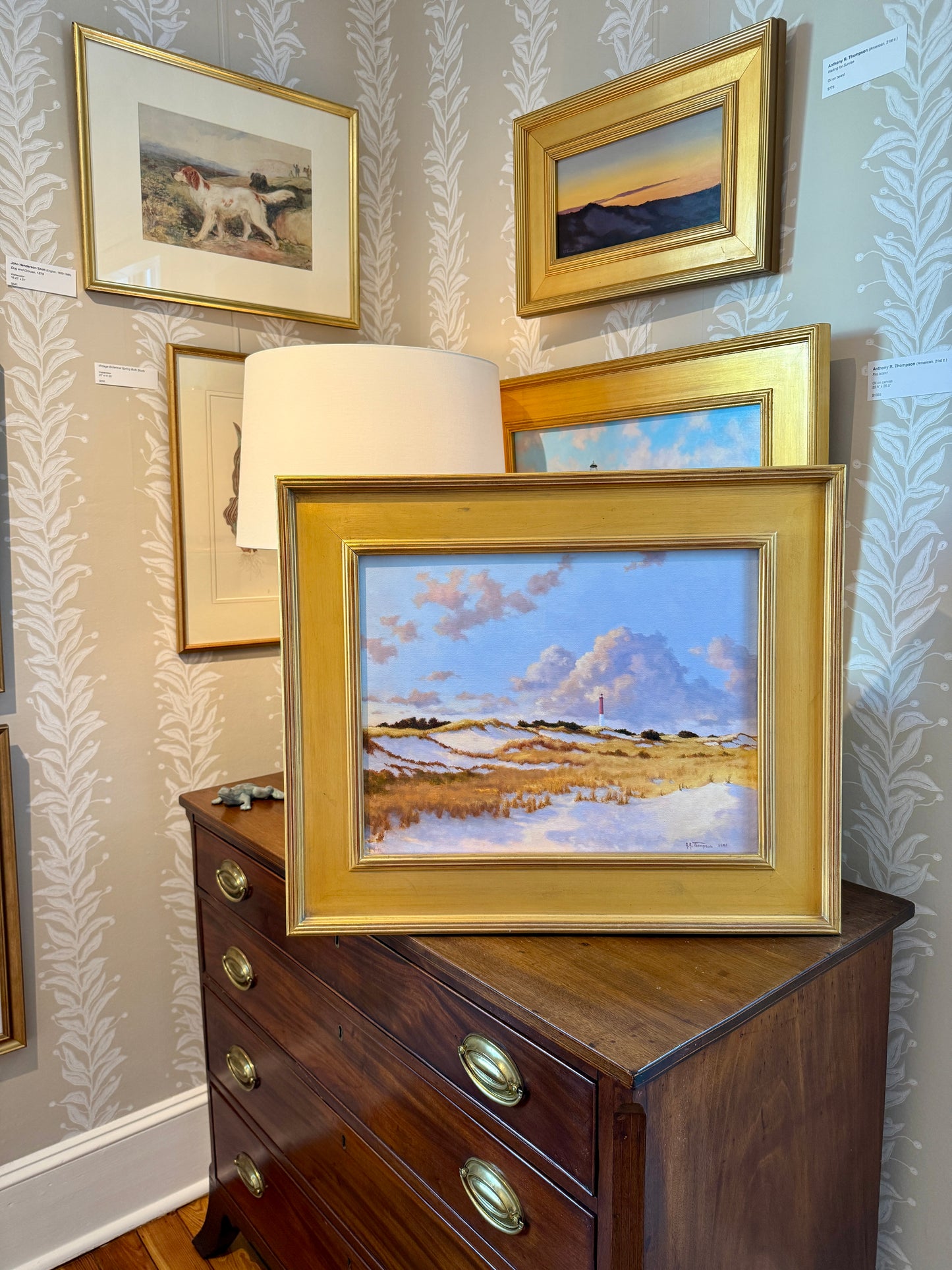 Anthony R. Thompson Dunes Below Barnegat Long Beach Island NJ Coastal Lighthouse Landscape Oil Painting in Gold Frame