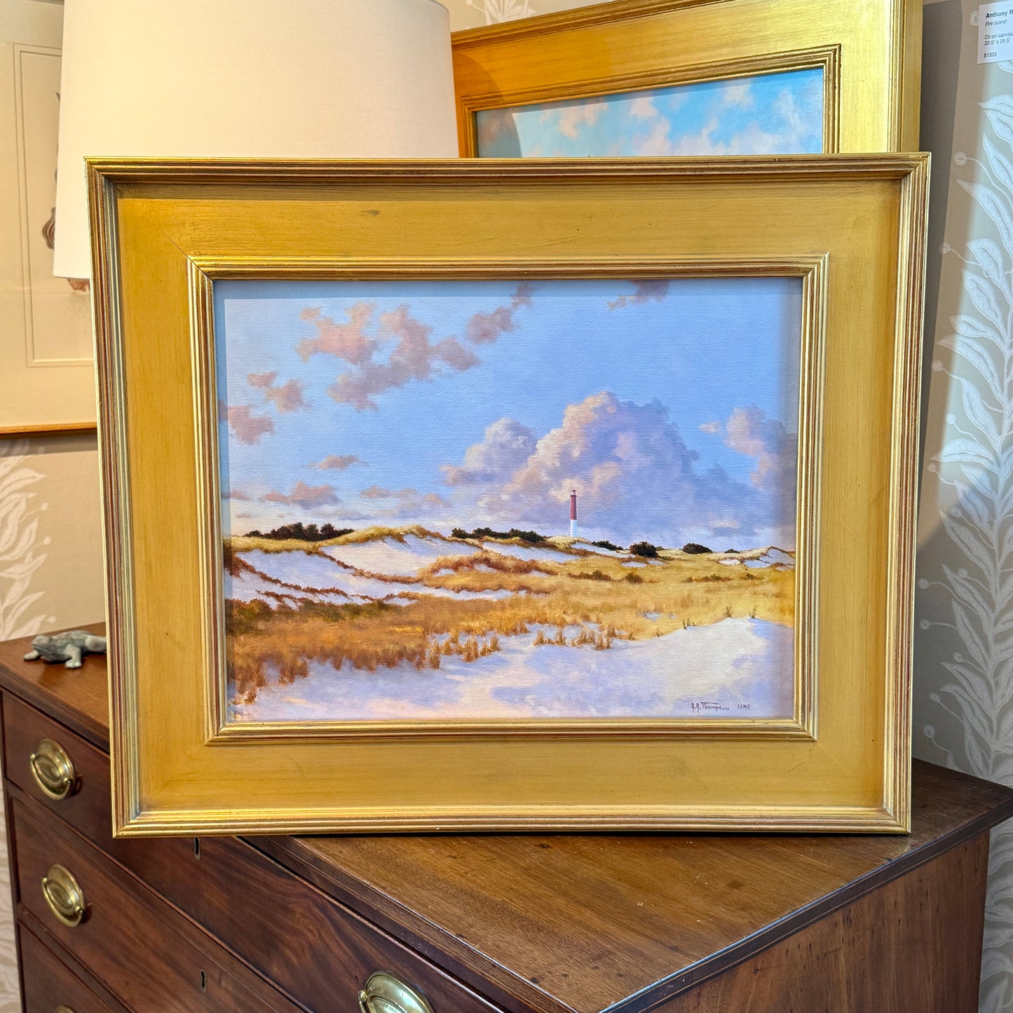 Anthony R. Thompson Dunes Below Barnegat Long Beach Island NJ Coastal Lighthouse Landscape Oil Painting in Gold Frame