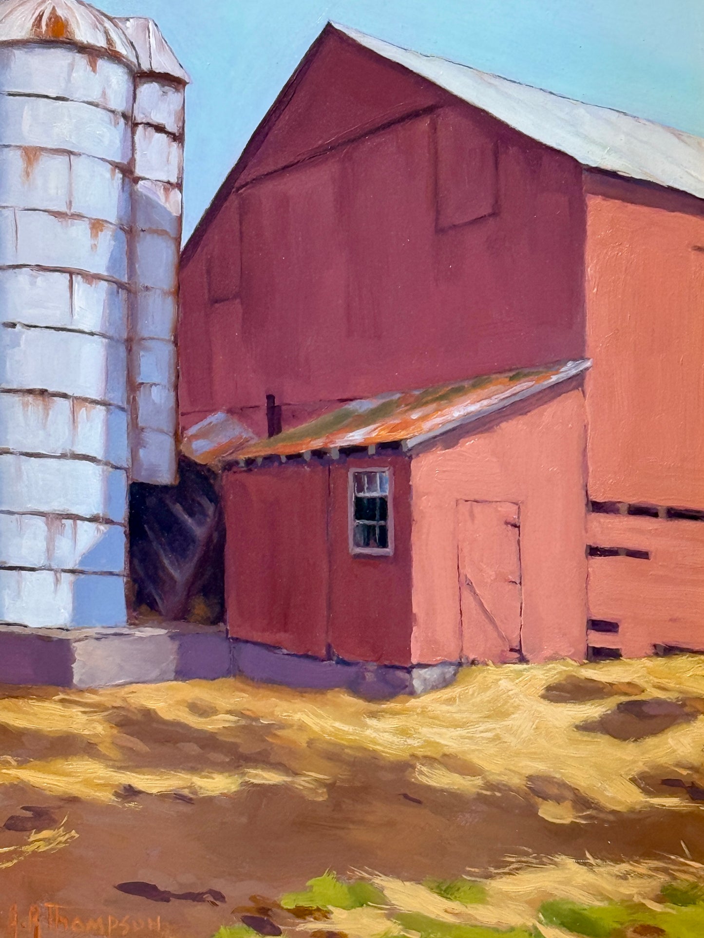 Anthony R. Thompson Old Red Barn Farm Landscape Oil Painting in Gold Frame