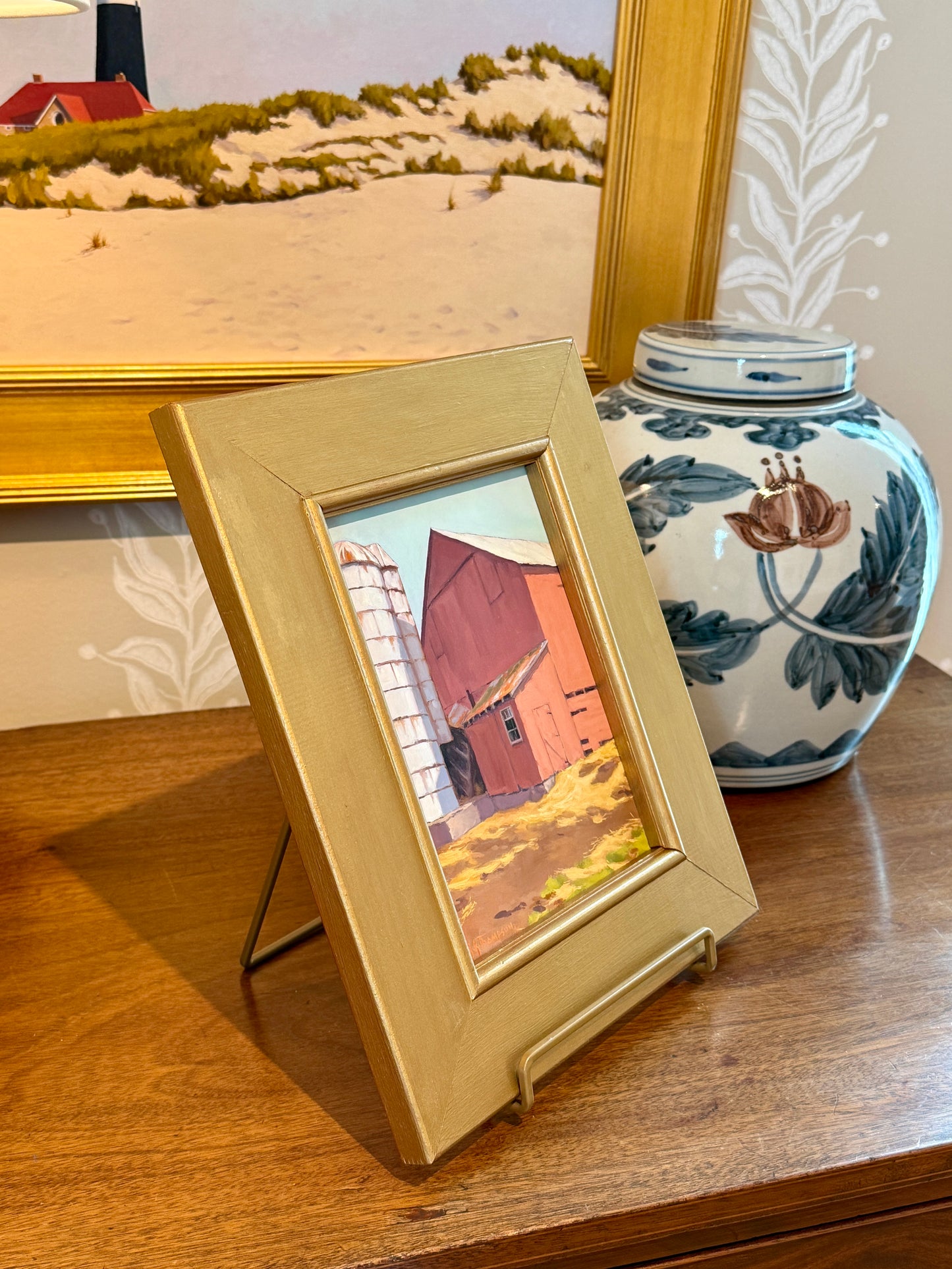 Anthony R. Thompson Old Red Barn Farm Landscape Oil Painting in Gold Frame