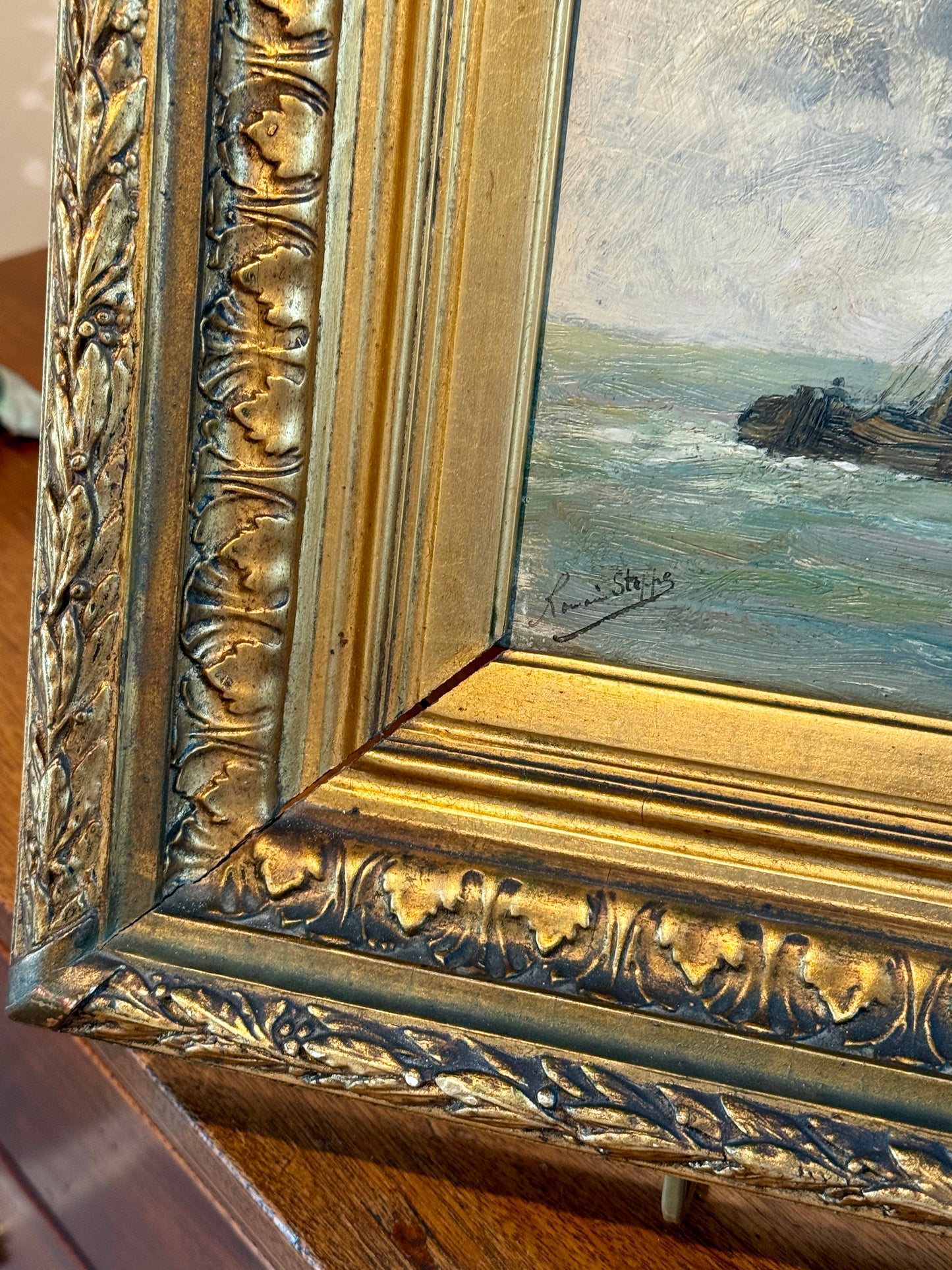 Antique 19th Century Red Sail Ship in Seascape Oil Painting in Ornate Gold Frame