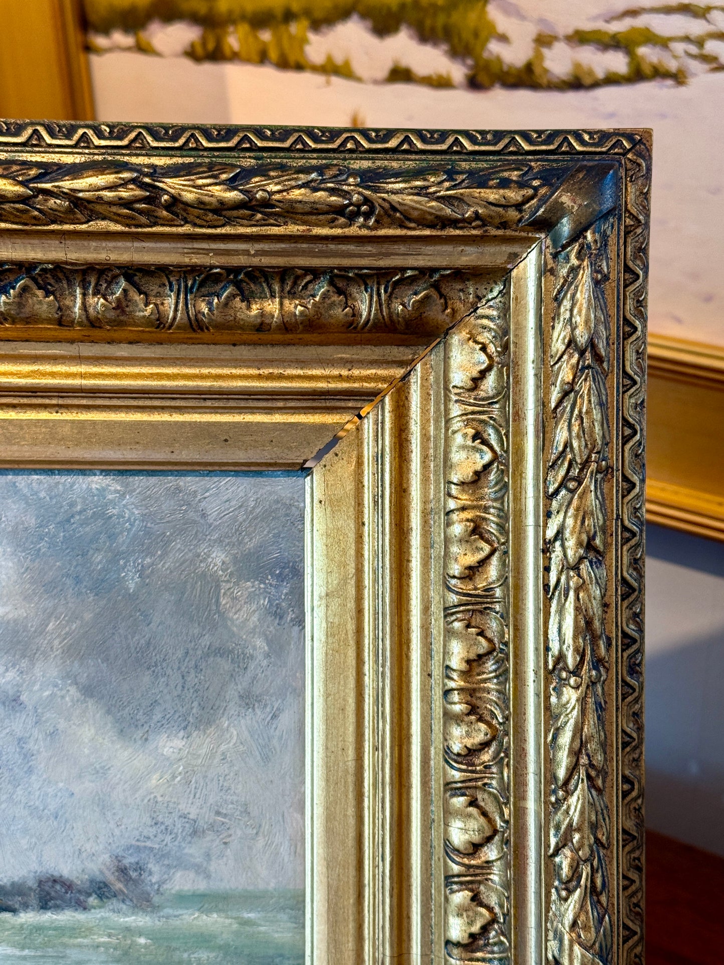 Antique 19th Century Red Sail Ship in Seascape Oil Painting in Ornate Gold Frame