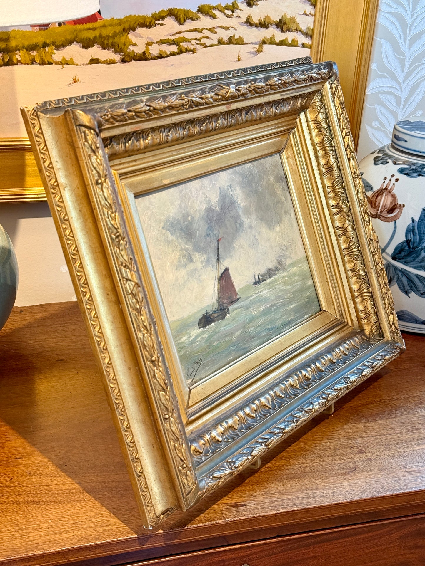 Antique 19th Century Red Sail Ship in Seascape Oil Painting in Ornate Gold Frame