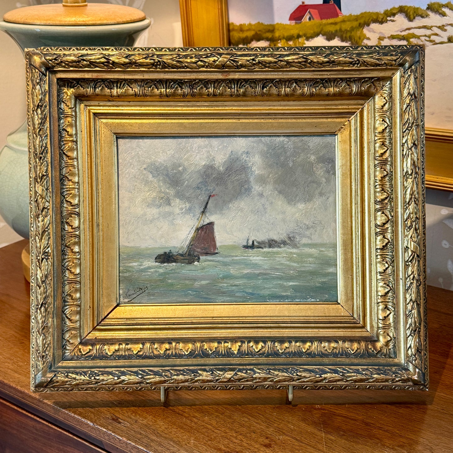 Antique 19th Century Red Sail Ship in Seascape Oil Painting in Ornate Gold Frame