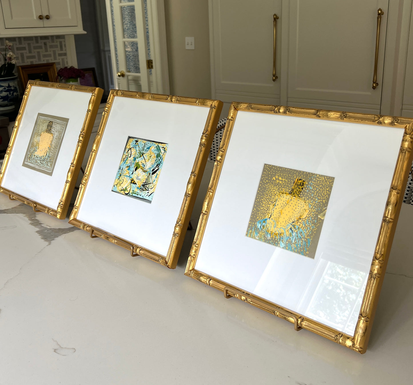 Vintage Colorful Large Abstract Oil Painting #3 in Light Gold Bamboo Frame