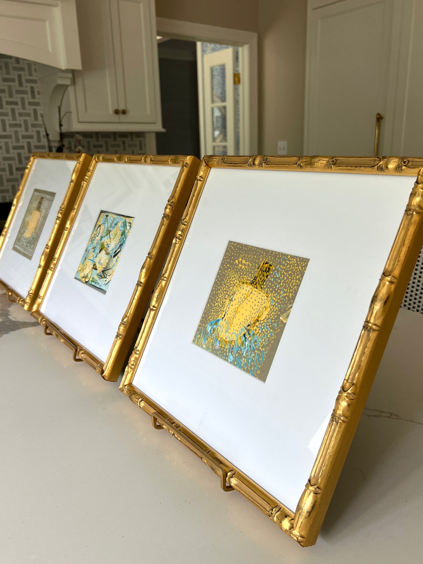 Vintage Colorful Large Abstract Oil Painting #3 in Light Gold Bamboo Frame