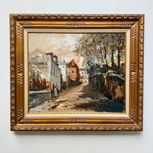 Vintage French Impressionist Parisian Street Scene Oil Painting in Carved Gold Frame