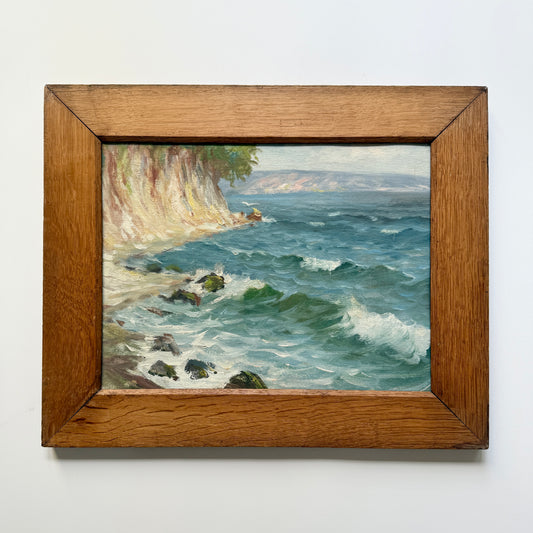 Early 20th Century Seascape with Gull Oil Painting in Antique Wood Frame