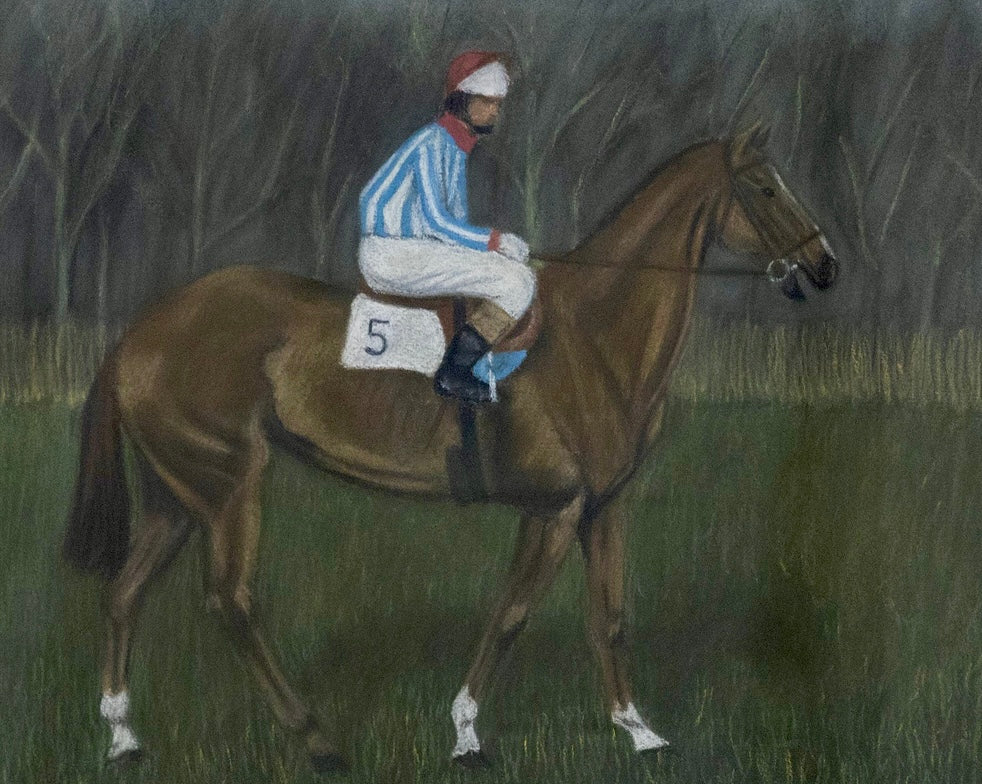 Vintage Jockey in Blue and White Striped Silks on Horse Pastel in Silver Frame
