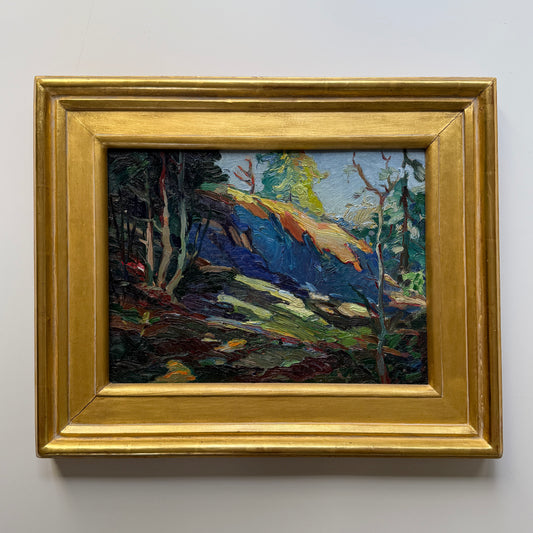 Early 20th Century Pine Woods Vintage Expressionist Landscape Oil Painting in Gold Frame