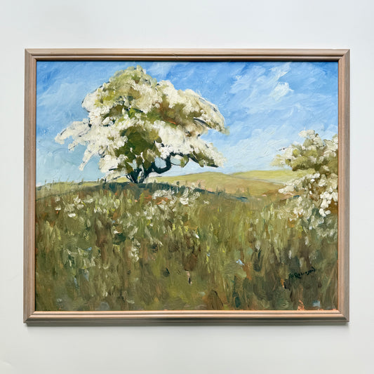 Vintage Vibrant Spring Meadow Oil Painting in Wood Frame