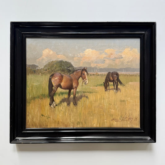 1958 Knud Erik Edsberg Horses in Field Oil Painting in Glossy Black Frame