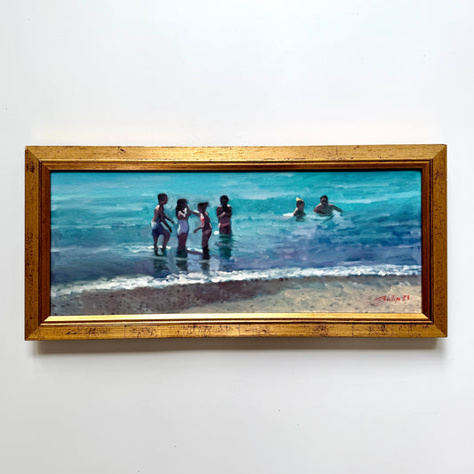 Summer Swim Children in Beach Seascape Oil Painting in Gold Frame
