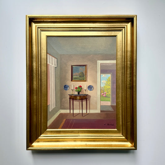 Frederik Drews Quiet Moment Feminine Interior with Demilune and Open Door Oil Painting in Gold Frame