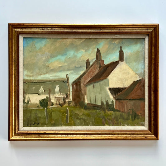 1958 L.J. Walton Small English Country Town Oil Painting in Gold Frame
