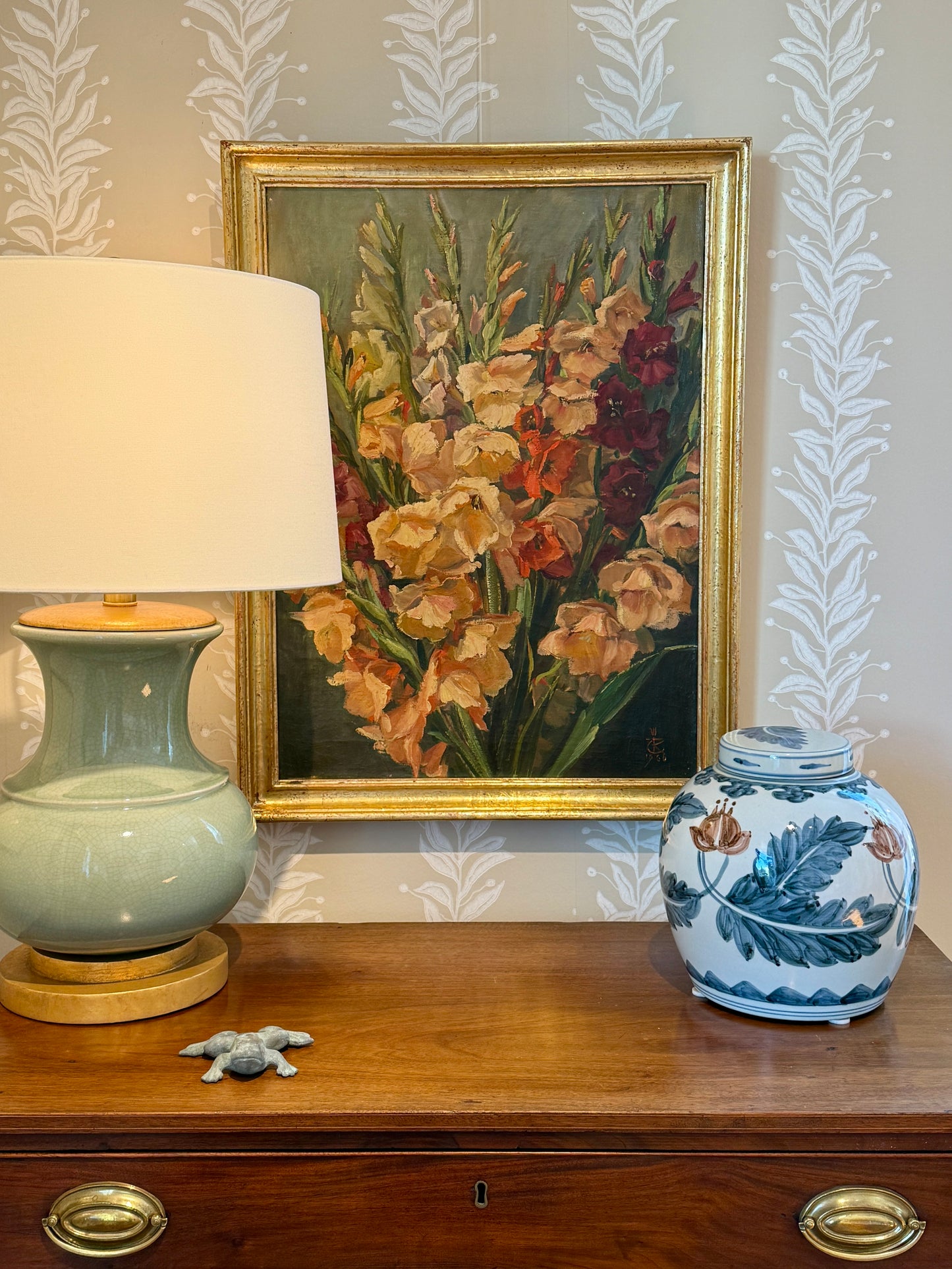 1956 Large Floral Still Life Gladioli Oil Painting in Gilt Frame