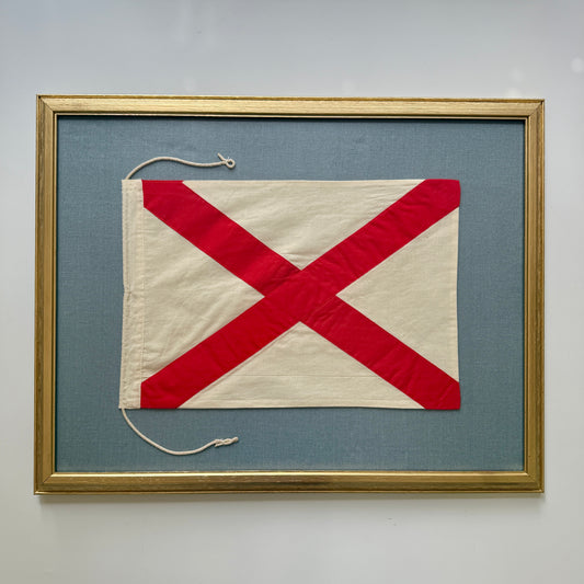 Vintage Nautical "V" Victor Signal Flag on Light Blue Linen Fabric in Gold Frame