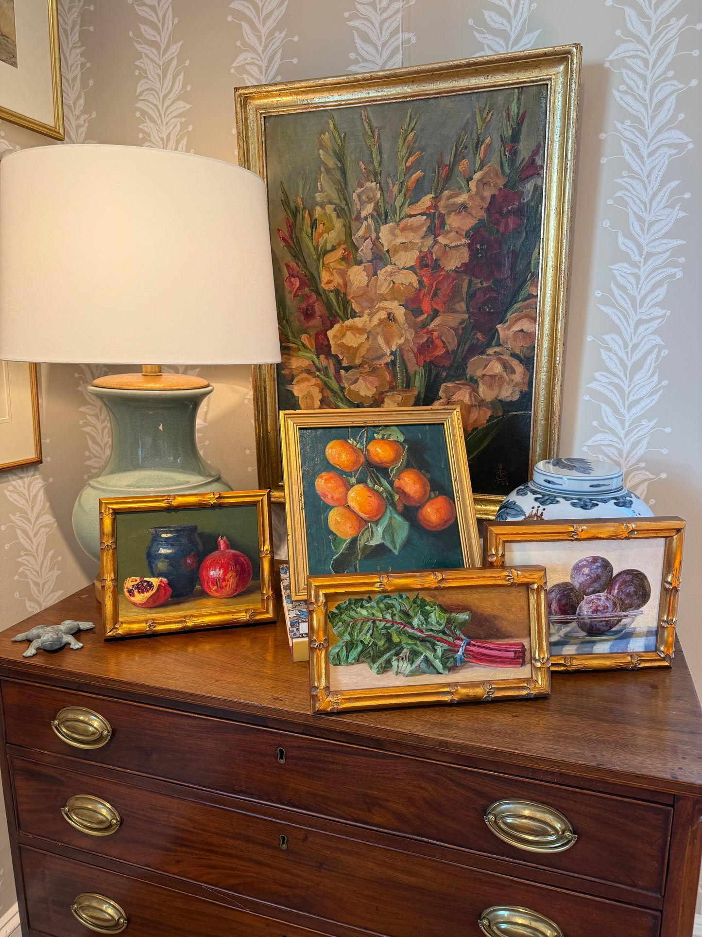 Youqing Wang Peaches on Blue Painted Table Still Life Oil Painting in Gold Bamboo Frame