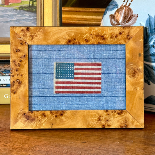 Antique 48 Star Glazed Cotton American Parade Flag on Blue Pinstripes in Italian Burlwood Frame