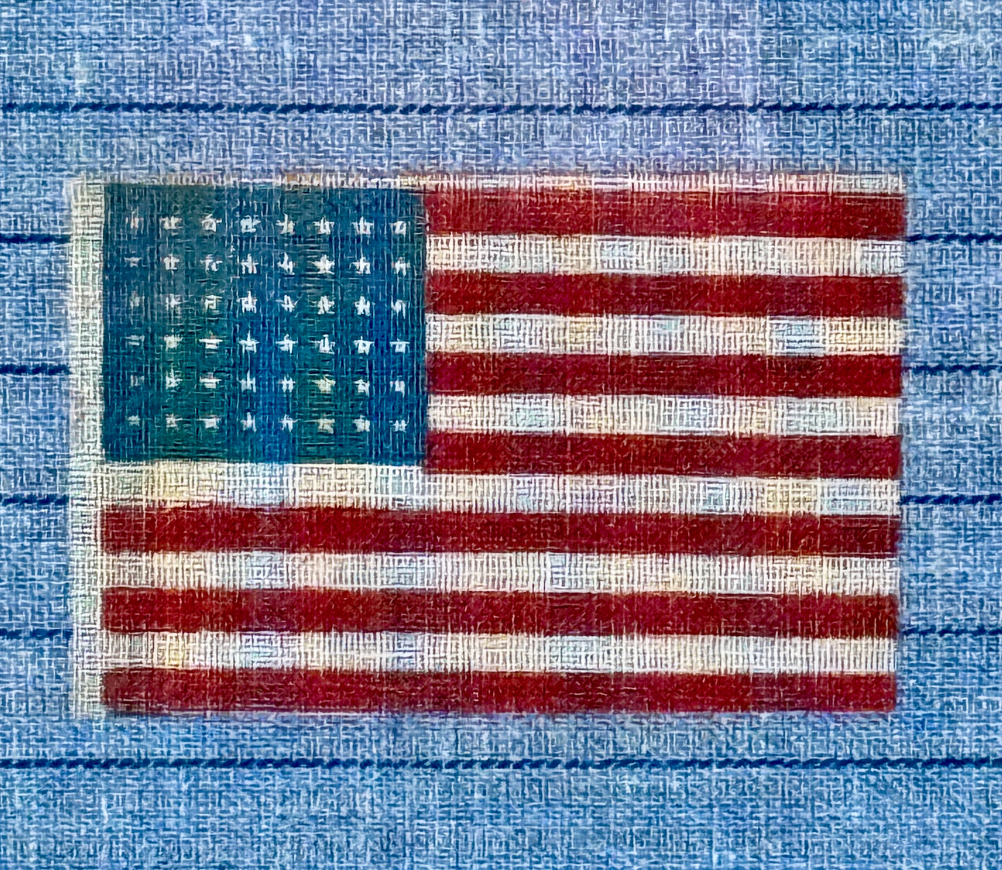 Antique 48 Star Glazed Cotton American Parade Flag on Blue Pinstripes in Italian Burlwood Frame