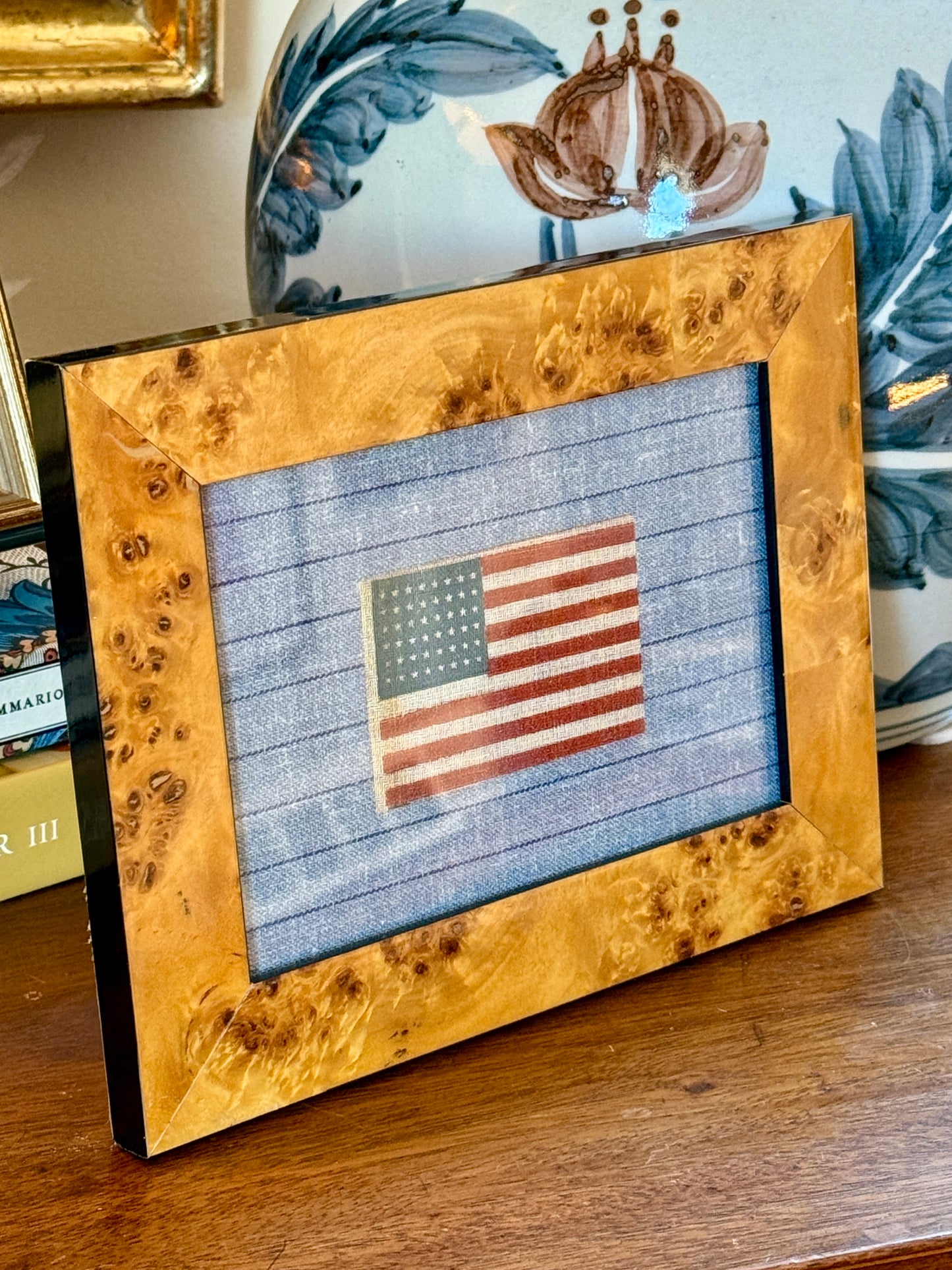 Antique 48 Star Glazed Cotton American Parade Flag on Blue Pinstripes in Italian Burlwood Frame