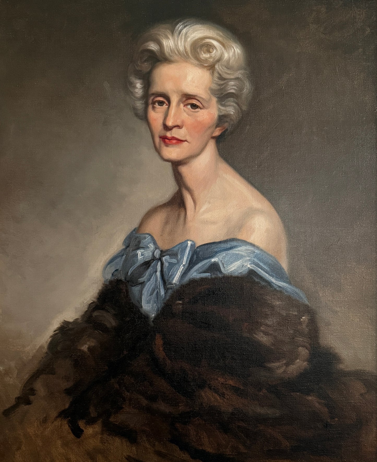 Ronald Lee Anderson Mrs. Anderson in Mink Mid Century Lady Portrait Oil Painting in Gold Frame