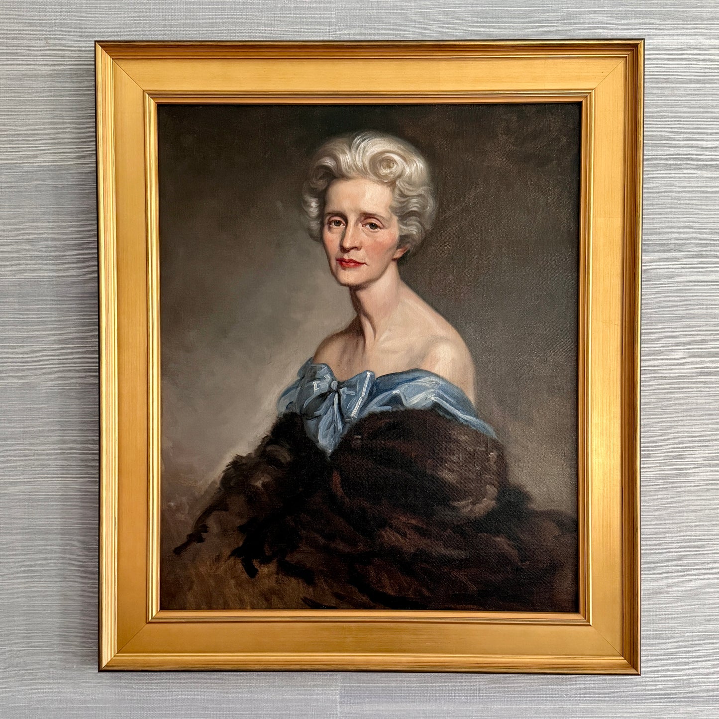 Ronald Lee Anderson Mrs. Anderson in Mink Mid Century Lady Portrait Oil Painting in Gold Frame