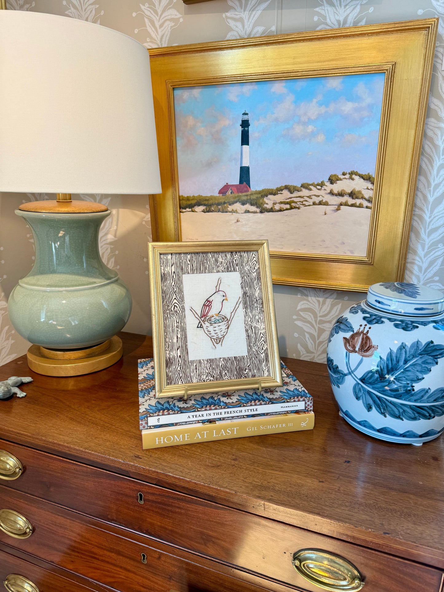 Early 20th Century Bird in Nest Redwork Embroidery on Brown Faux Bois in Gold Frame