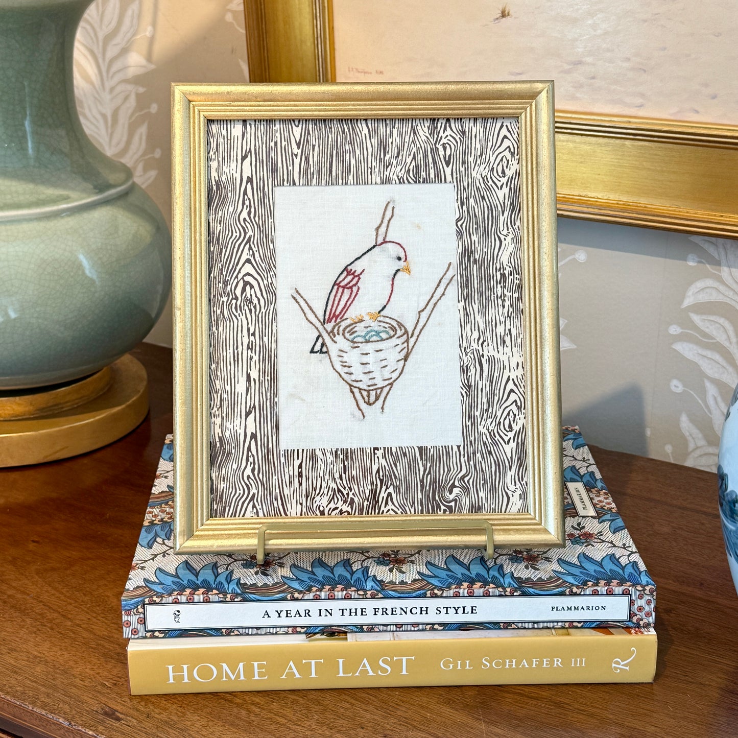 Early 20th Century Bird in Nest Redwork Embroidery on Brown Faux Bois in Gold Frame